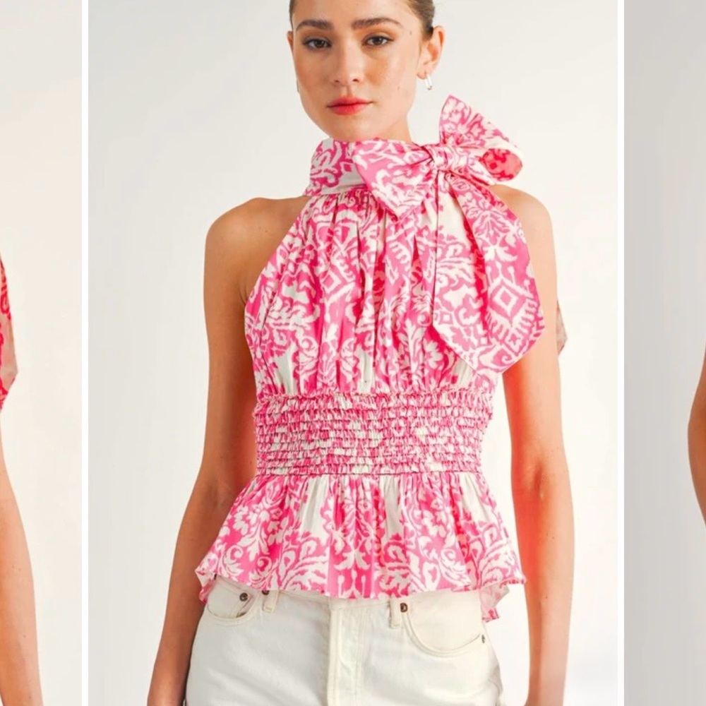 Pink Printed Halter Bow-Accent Smocked Waist Camisole